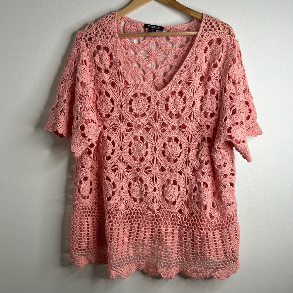 ROAMANS Pink Crochet V Neck Short Sleeve Overlay Top Size 22/24 Boho Cottage - Picture 1 of 8